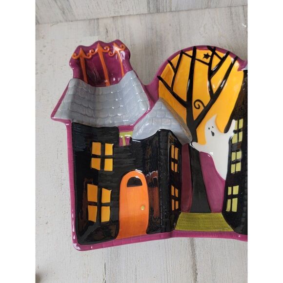 Ceramic haunted house tri serving dish Halloween ghost cat - Picture 2 of 8
